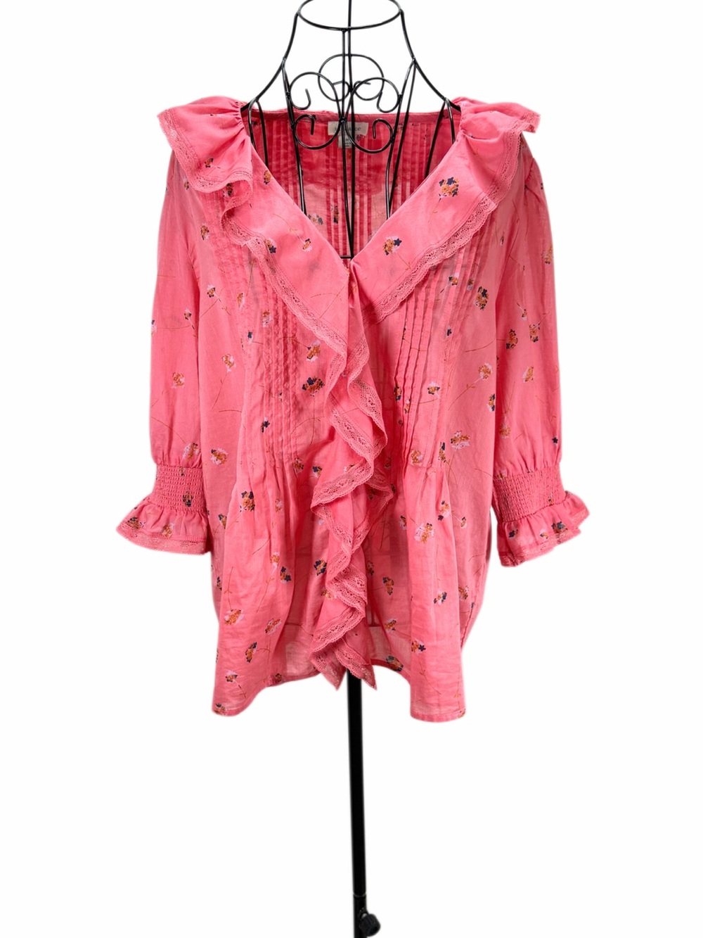 Sundance Medium Coral Pink Floral Ruffle Cotton Boho Blouse